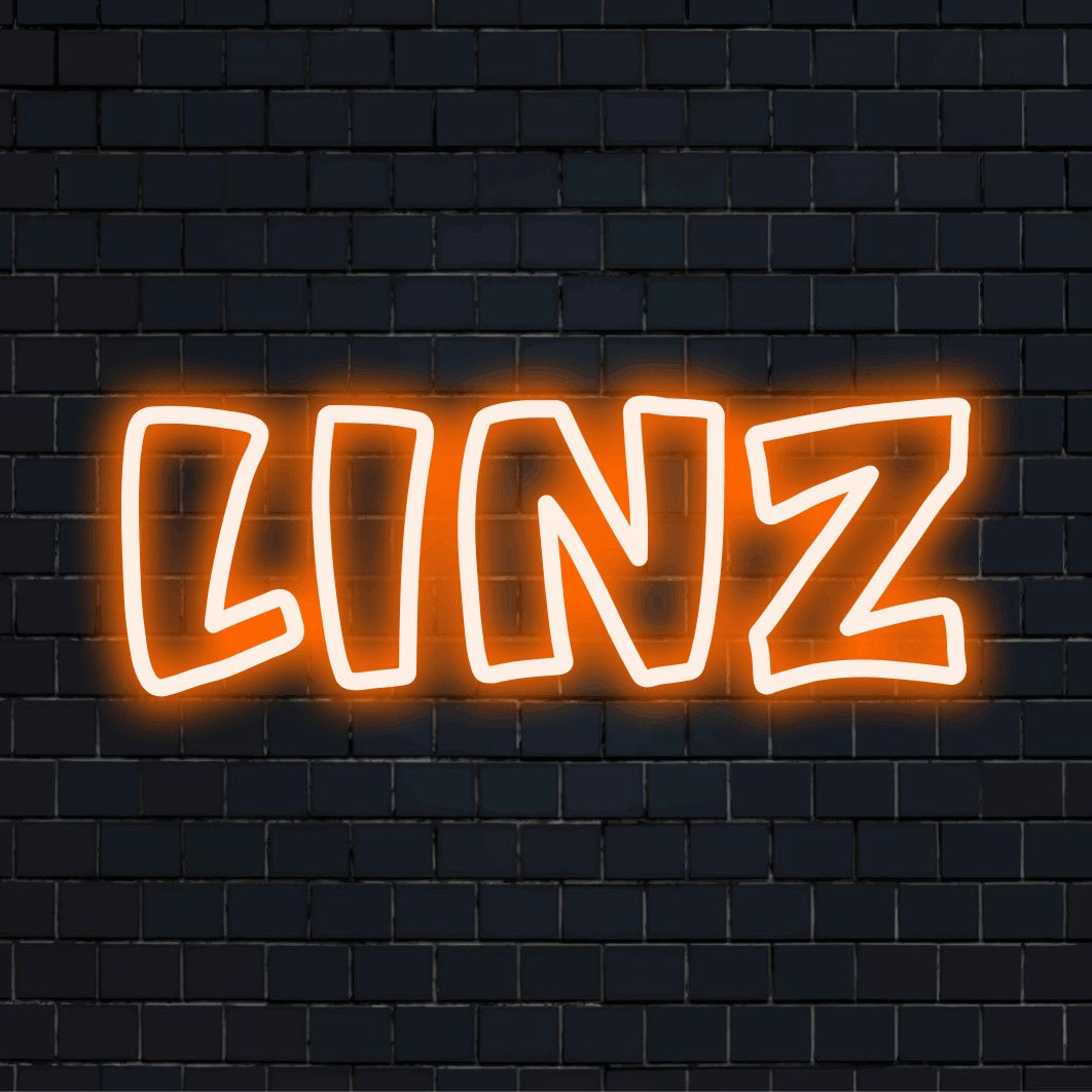 Linz Neon Light with bright neon glow on dark brick wall