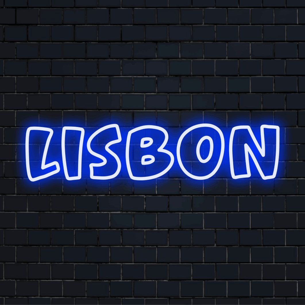 Lisbon Neon Light with glowing neon text on black brick background