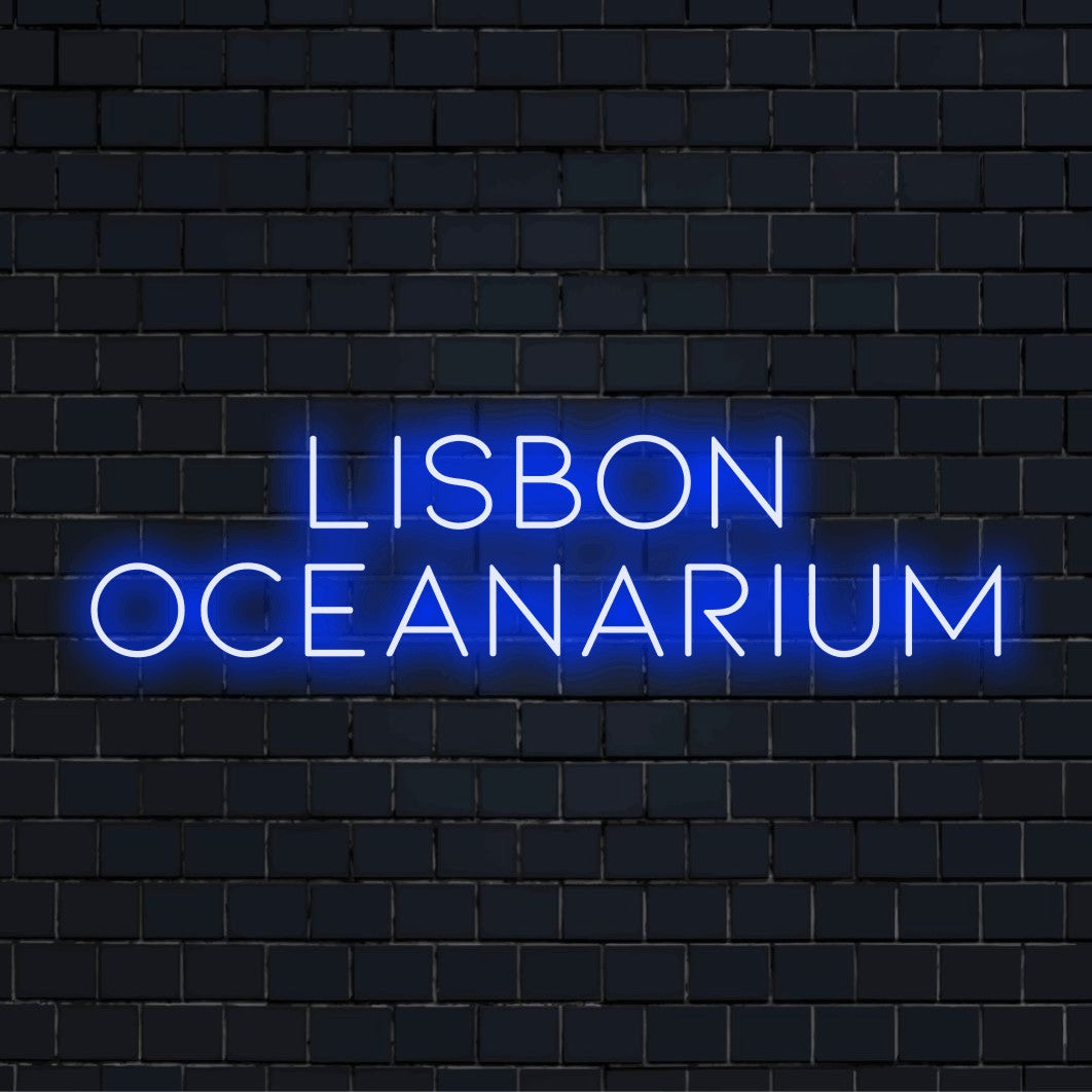 Lisbon Oceanarium LED Neon Sign, bright neon lettering against brick backdrop