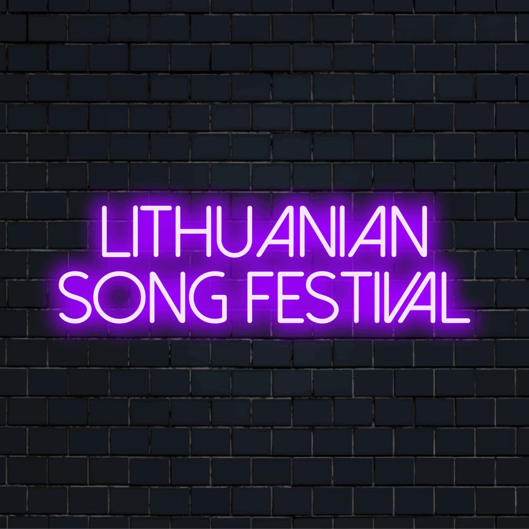 Lithuanian Song Festival LED Neon Sign, glowing neon text against brick backdrop