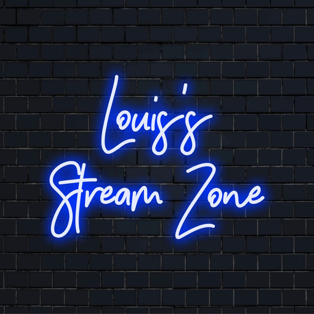 Louis_s Stream Zone Custom Name Neon Sign, bright neon lettering against brick backdrop