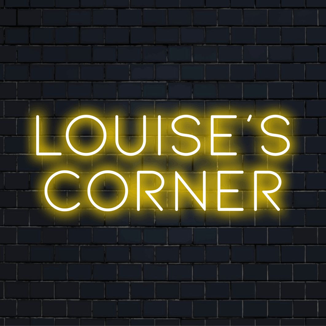Louise_s Corner Custom Name Neon Sign, bright neon lettering on black brick background