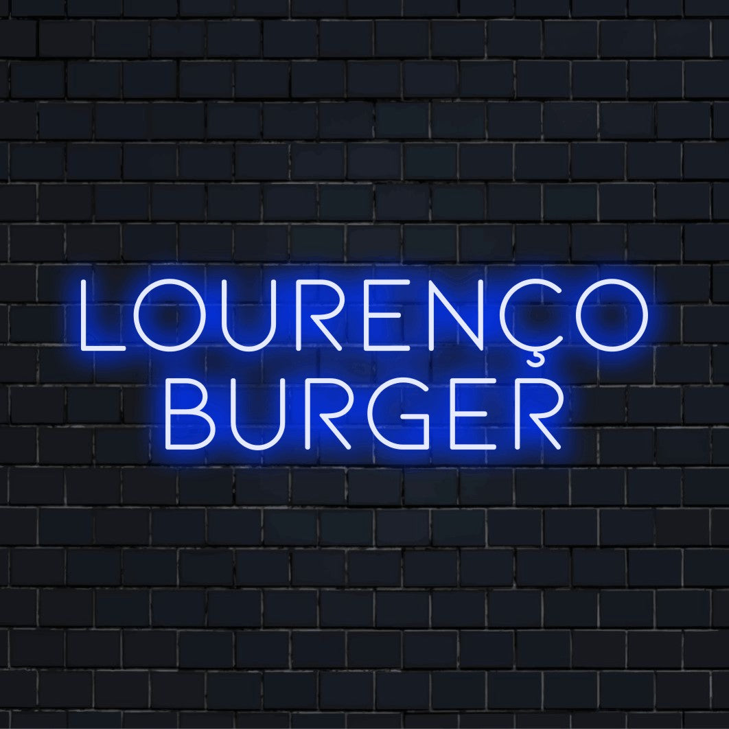 Lourenco Burger Custom Name Neon Sign, glowing neon text against black brick wall