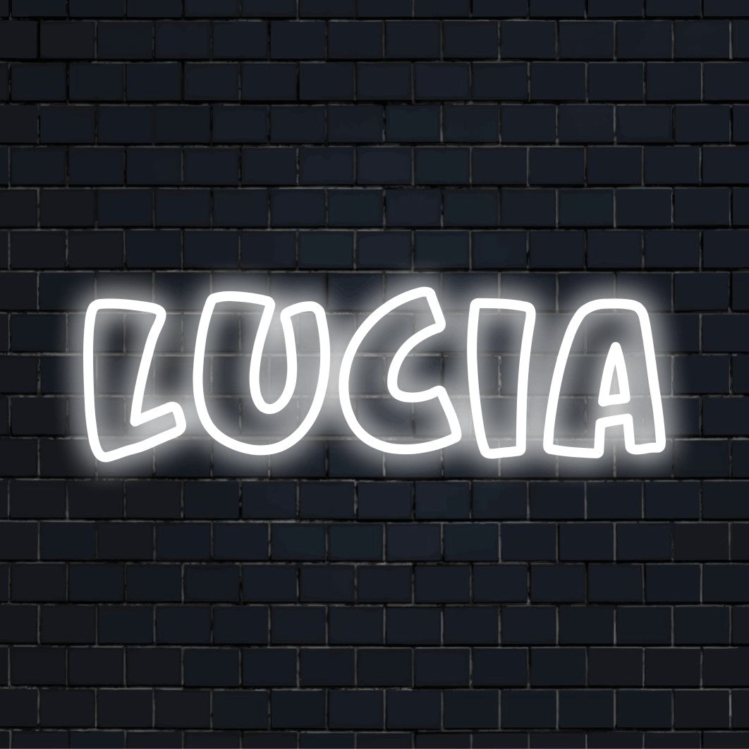 Lucia Neon Sign, neon text light against brick backdrop