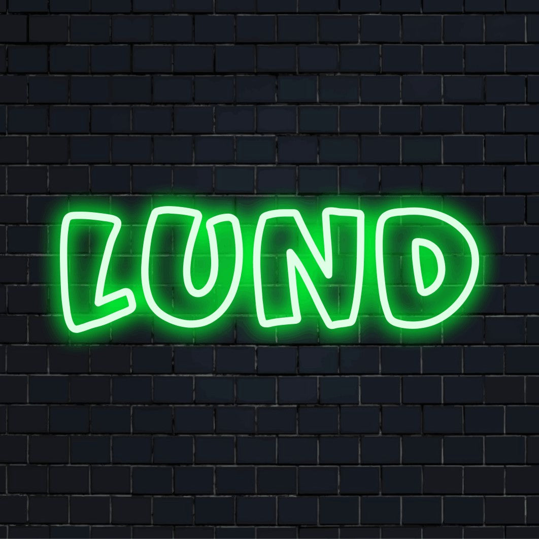Lund Neon Sign, soft neon glow on dark brick background