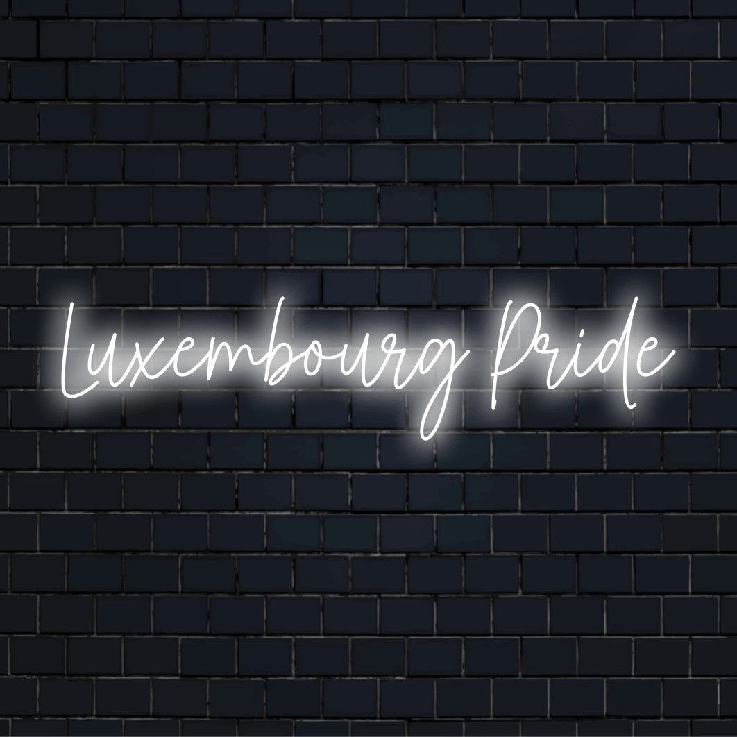 Luxembourg Pride Neon Light with glowing neon text against black brick wall