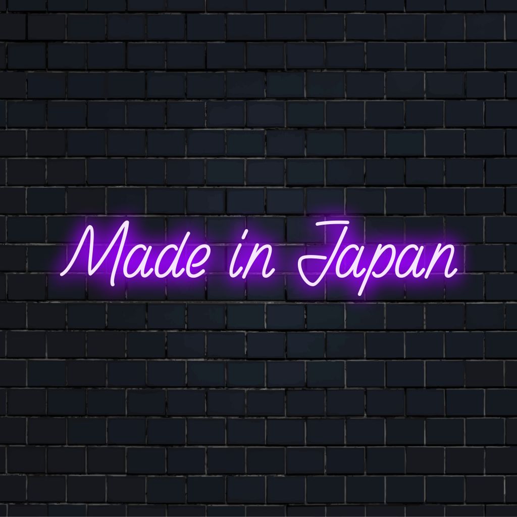 Made In Japan LED Neon Sign, glowing wall decor on dark brick wall