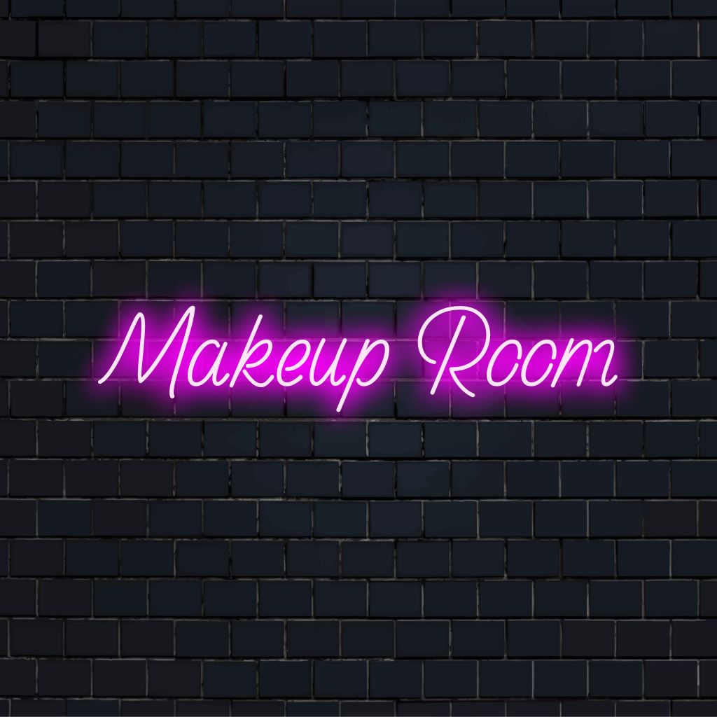 Makeup Room LED Neon Sign, glowing wall decor on dark brick wall