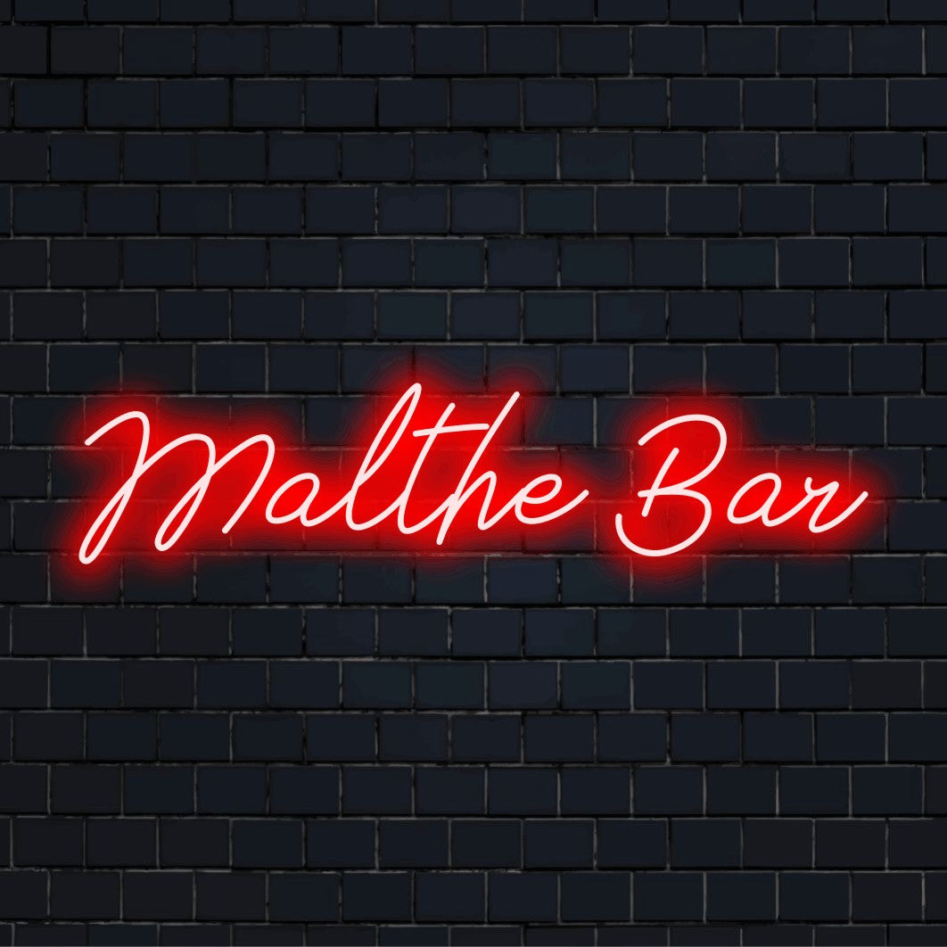Malthe Bar Personalized LED Neon Sign, bright LED glow against black brick wall