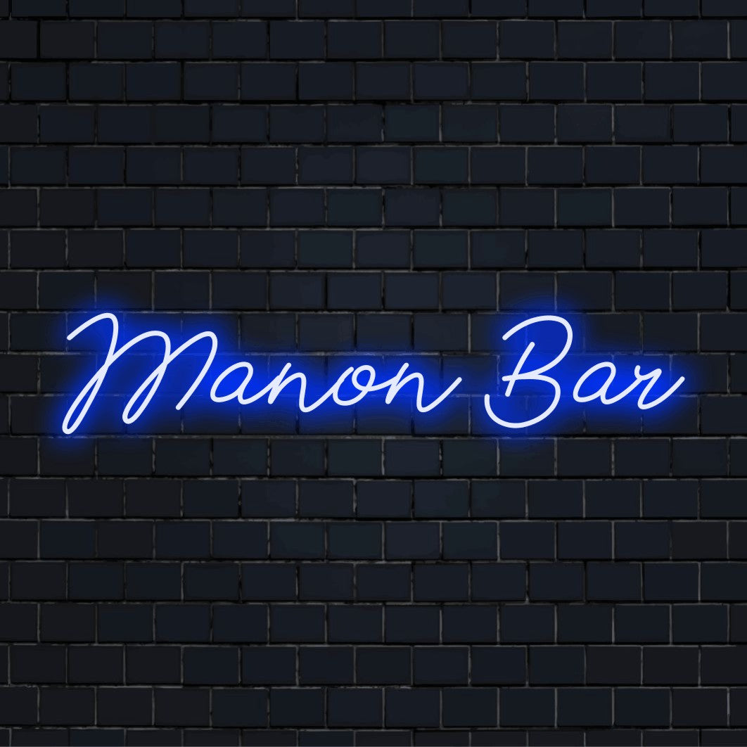 Manon Bar Custom Name Neon Sign, bright LED glow on black brick background