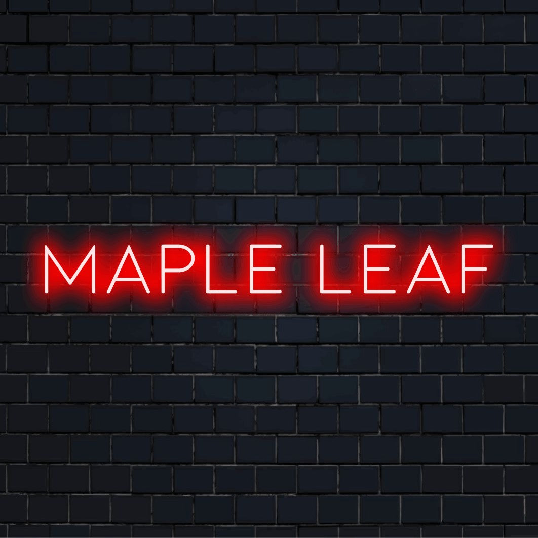 Maple Leaf LED Neon Sign, glowing wall decor on dark brick wall
