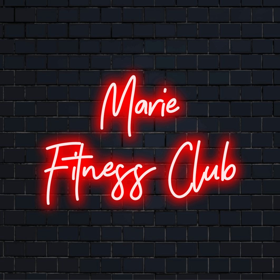 Marie Fitness Club Custom Name Neon Sign, glowing wall decor on black brick background