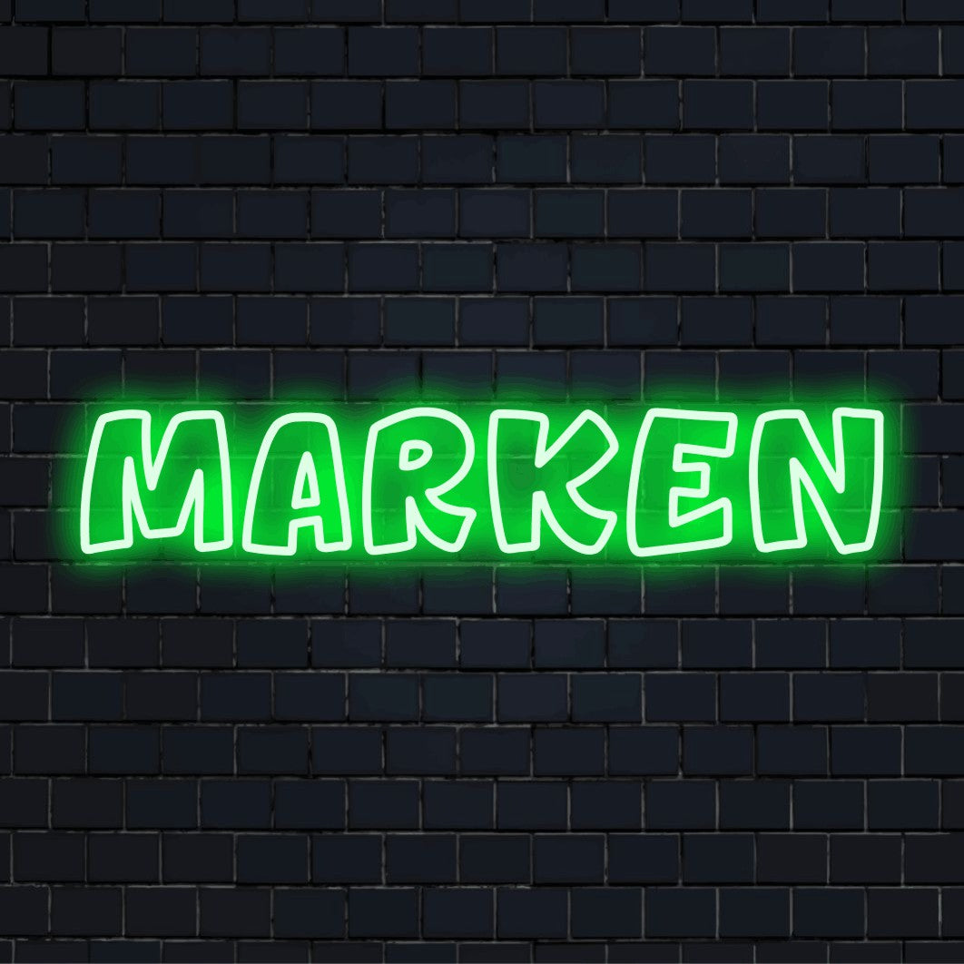 Marken Neon Sign, glowing wall decor on dark brick wall