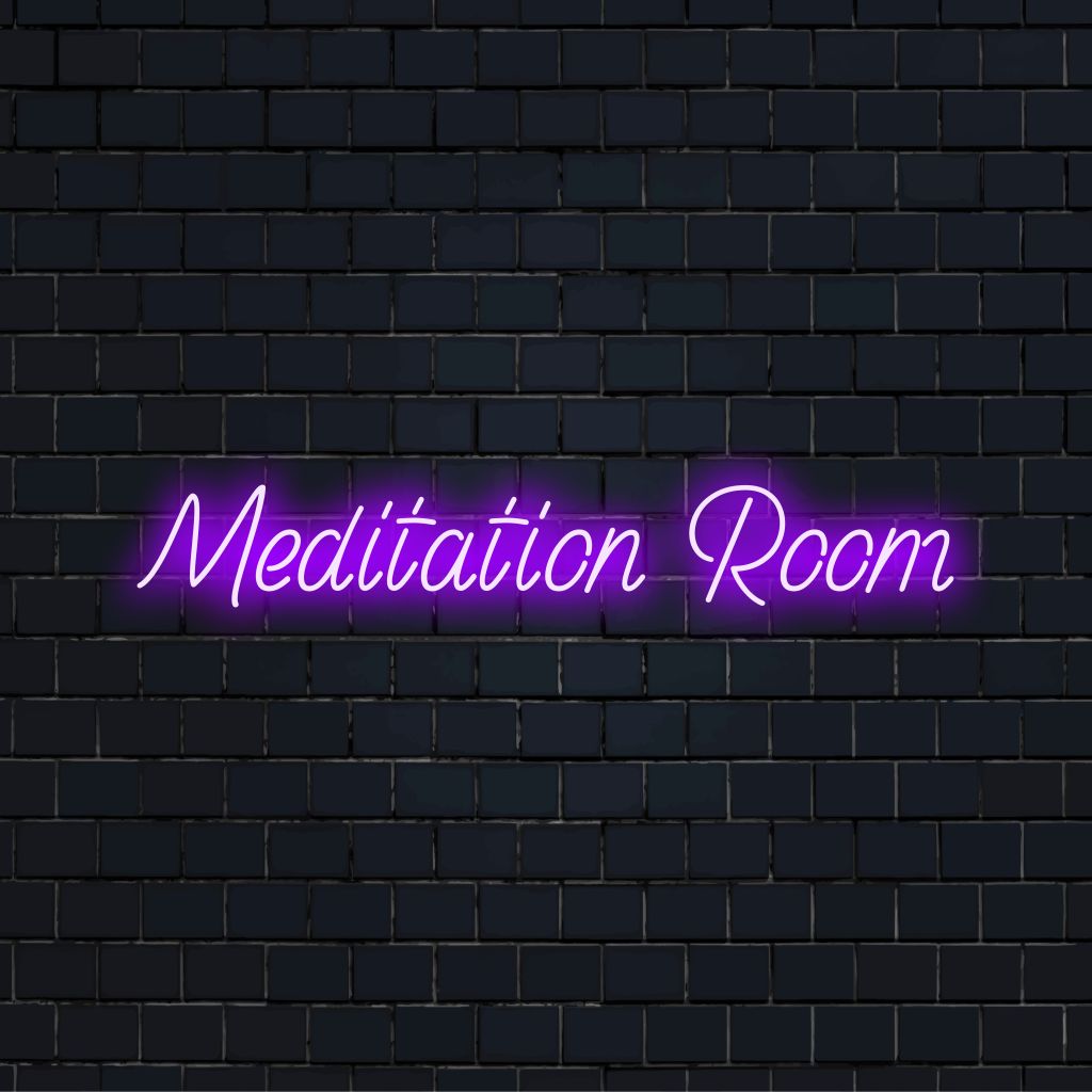 Meditation Room Neon Light with bright LED glow on dark brick wall