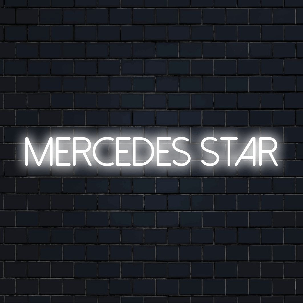 Mercedes Star LED Neon Sign, glowing neon text on dark brick background
