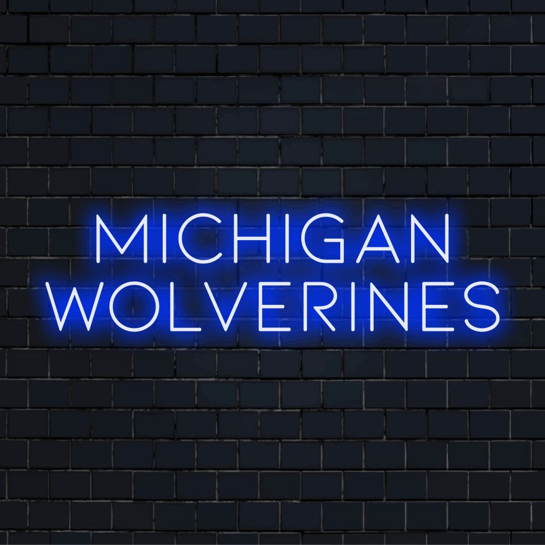 Michigan Wolverines Neon Sign, bright neon glow on dark brick wall