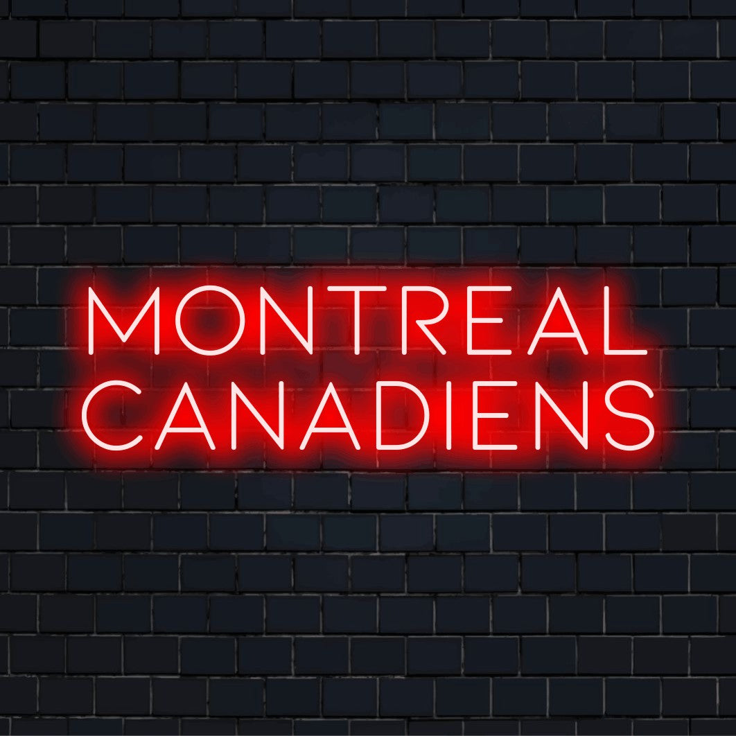 Montreal Canadiens Neon Light with neon text light against black brick wall