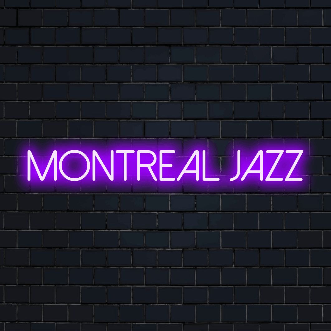Montreal Jazz LED Neon Sign, glowing wall decor against black brick wall