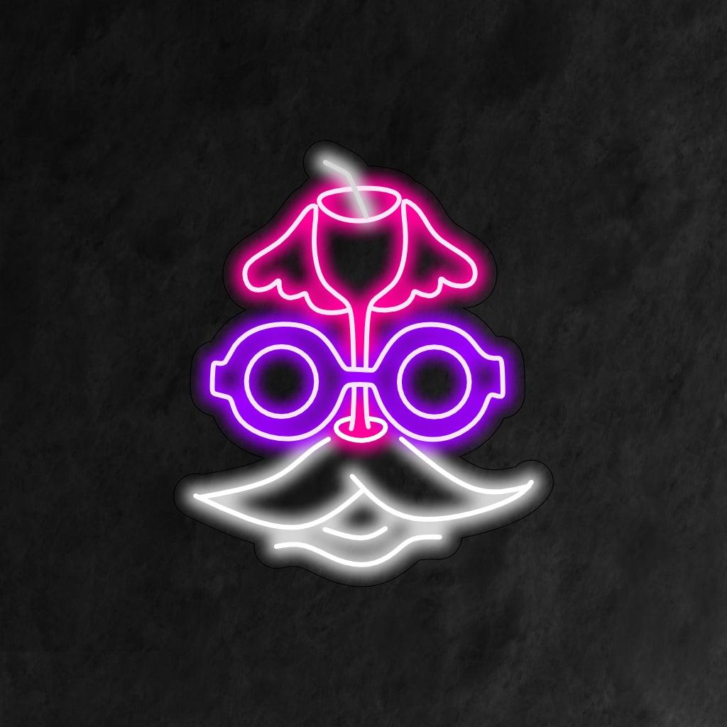 Retro inspiriran neonski znak sa šarmantnim licem s elegantnim brkovima, modernim naočalama i koktelom u ruci.