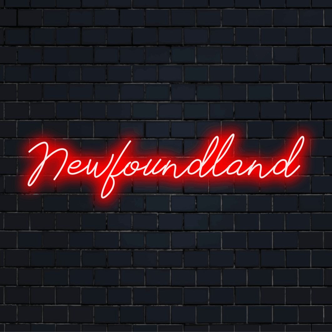 Newfoundland LED Neon Sign, neon text light on black brick background