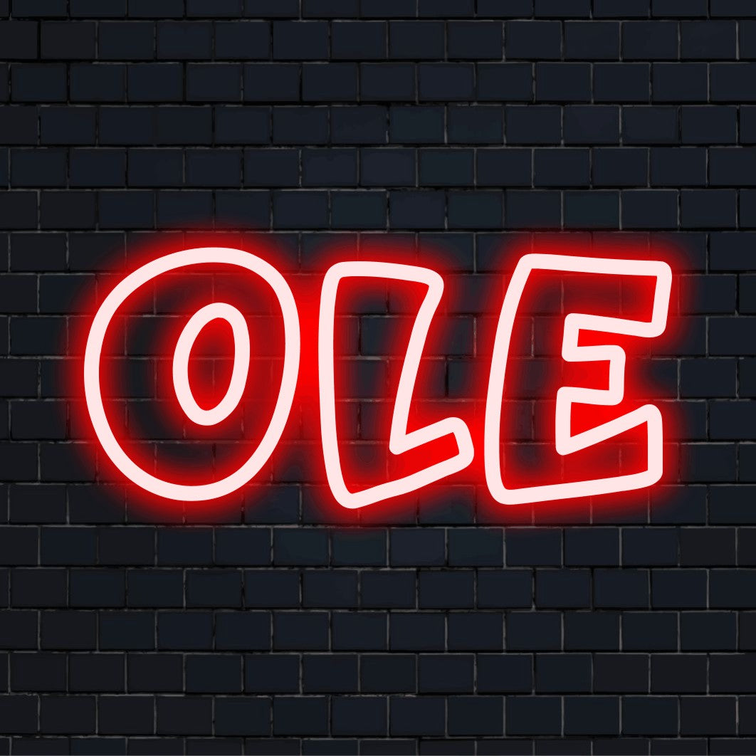 Ole Neon Sign, glowing lettering on black brick background