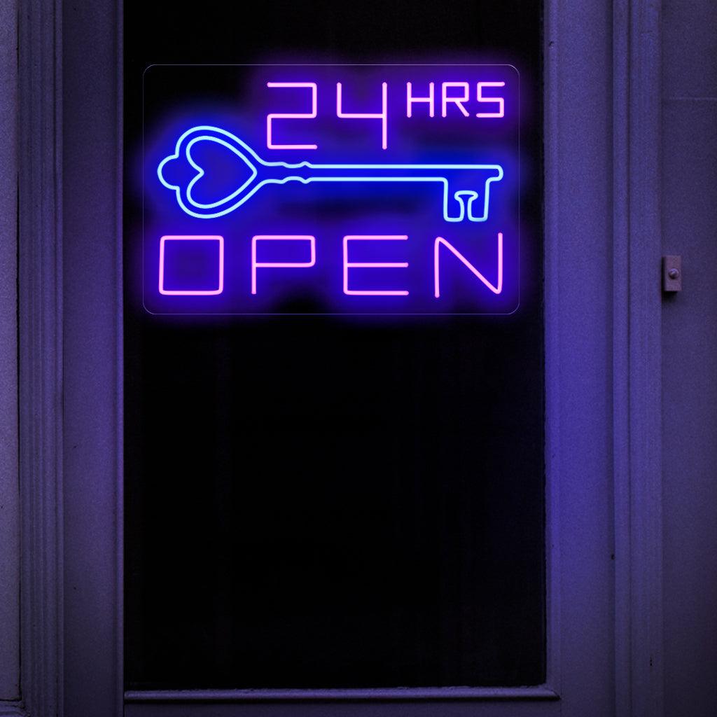 An eye-catching neon sign proudly displaying the words 'Open 24 Hours' in bold, glowing letters,