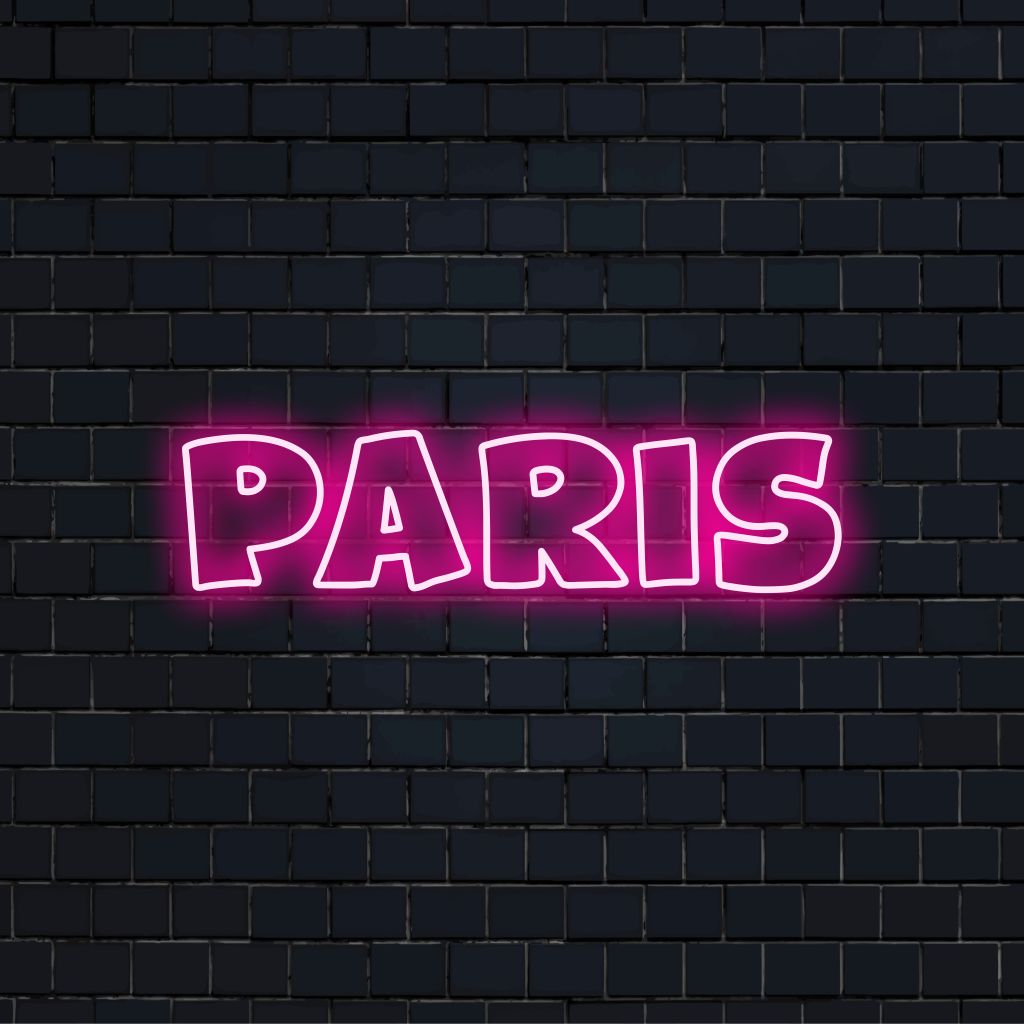 Paris Neon Sign, soft neon glow on black brick background