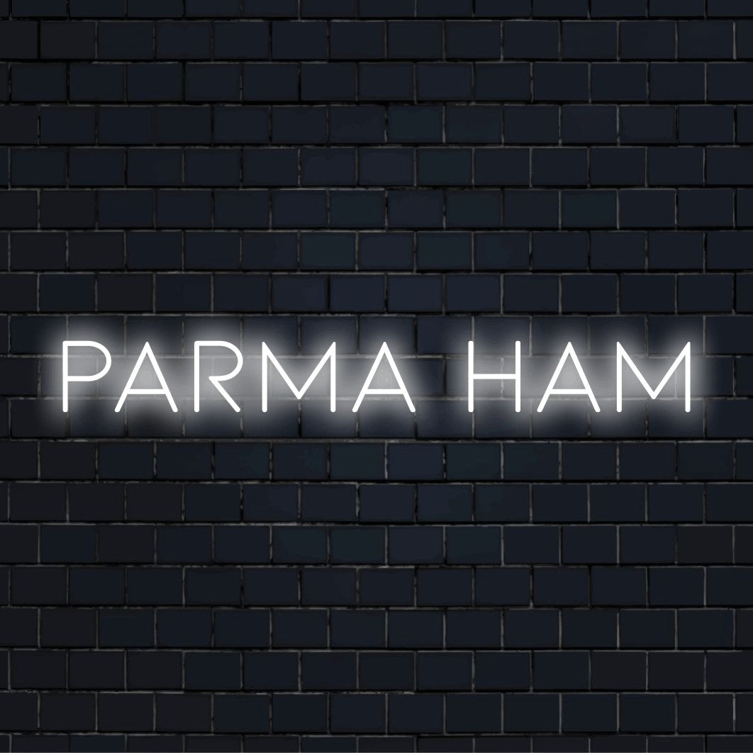 Parma Ham LED Neon Sign, bright neon lettering against brick backdrop