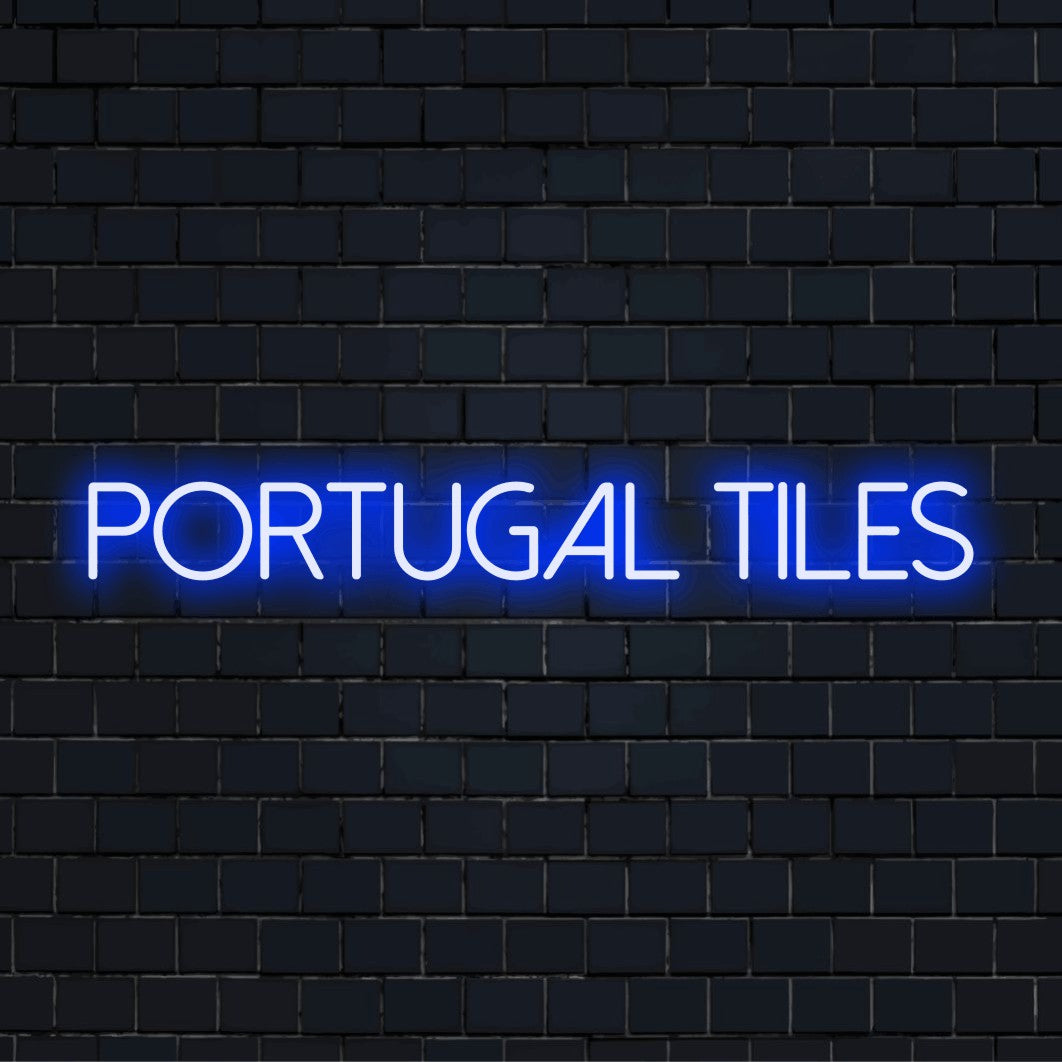 Portugal Tiles Neon Light with soft neon glow on dark brick background