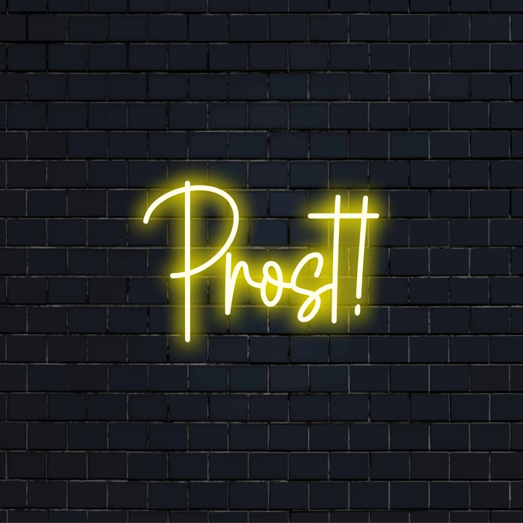 Prost LED Neon Sign, glowing lettering against brick backdrop