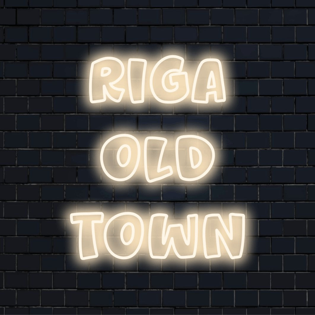 Riga Old Town LED Neon Sign, bright neon glow on dark brick wall