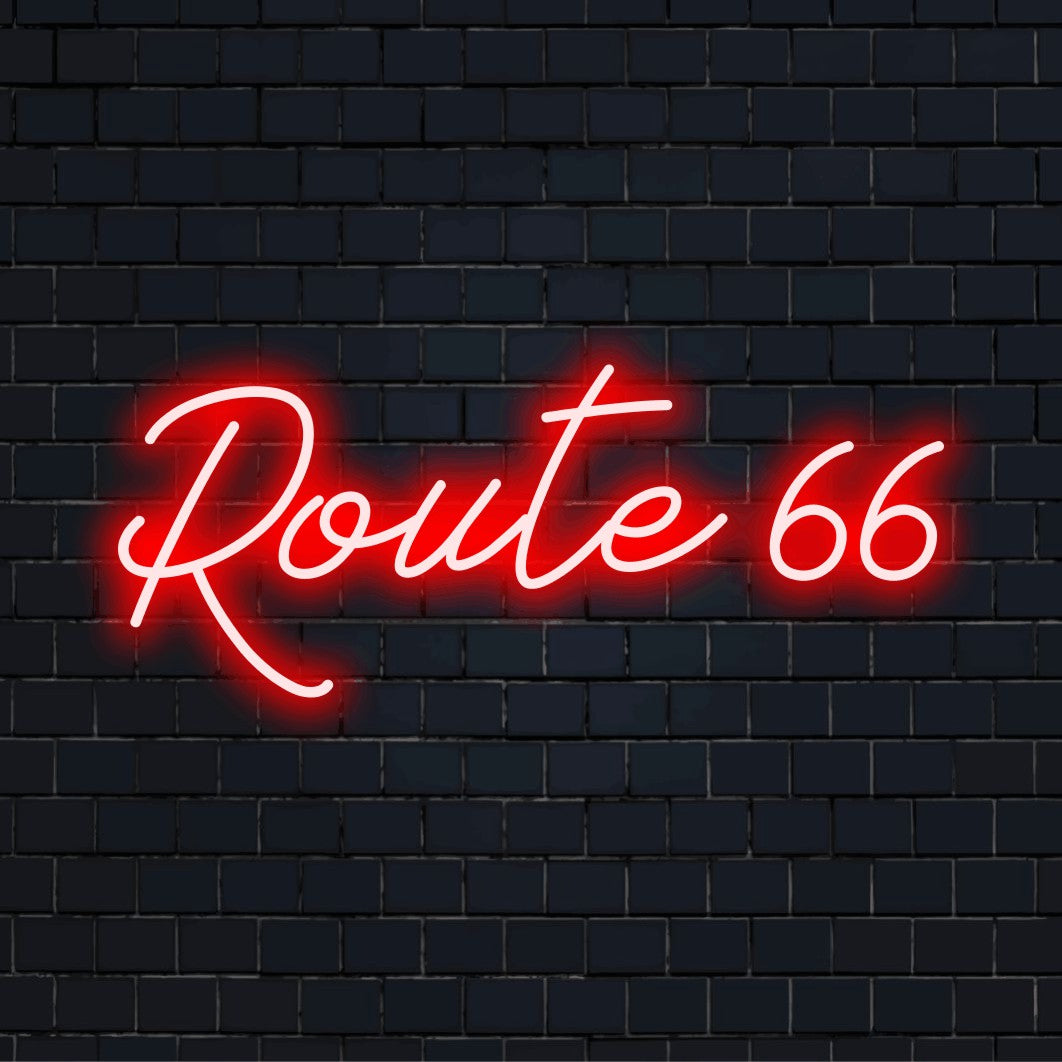 Route 66 Neon Sign, bright neon glow against brick backdrop