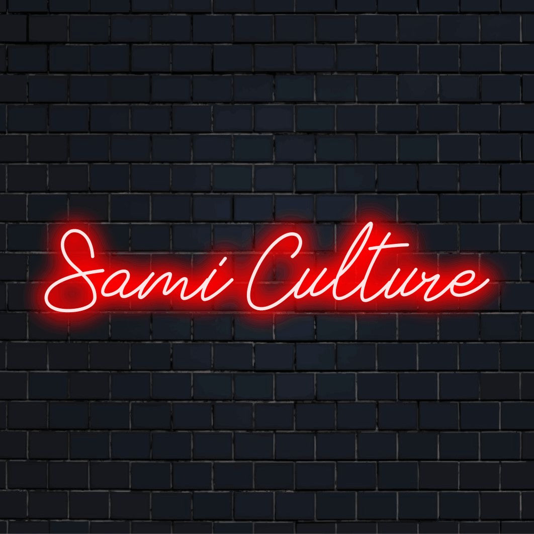 Sami Culture LED Neon Sign, glowing wall decor against black brick wall
