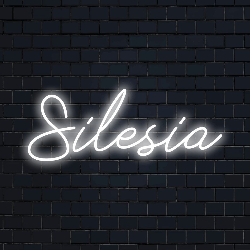 Silesia LED Neon Sign, bright LED glow against brick backdrop