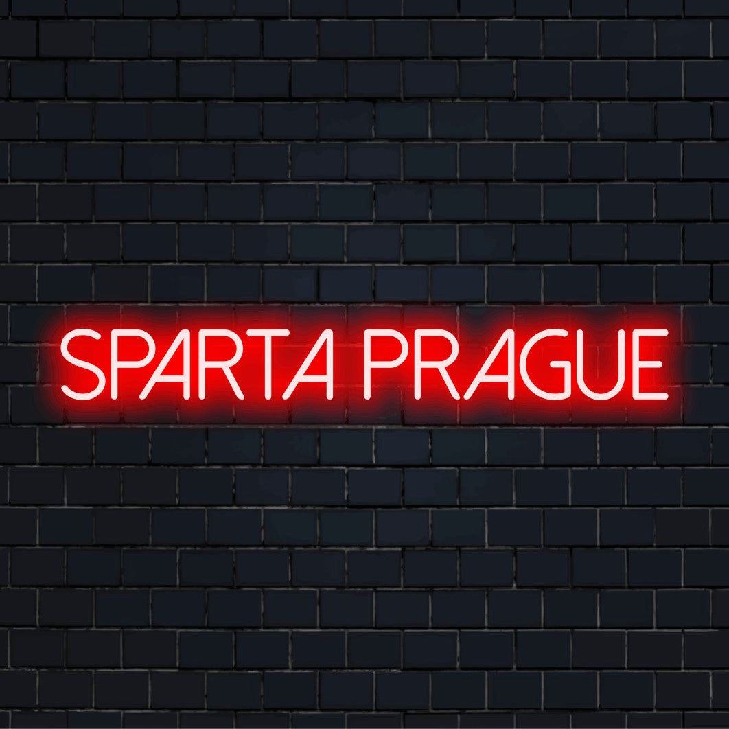 Sparta Prague LED Neon Sign, glowing neon text against brick backdrop