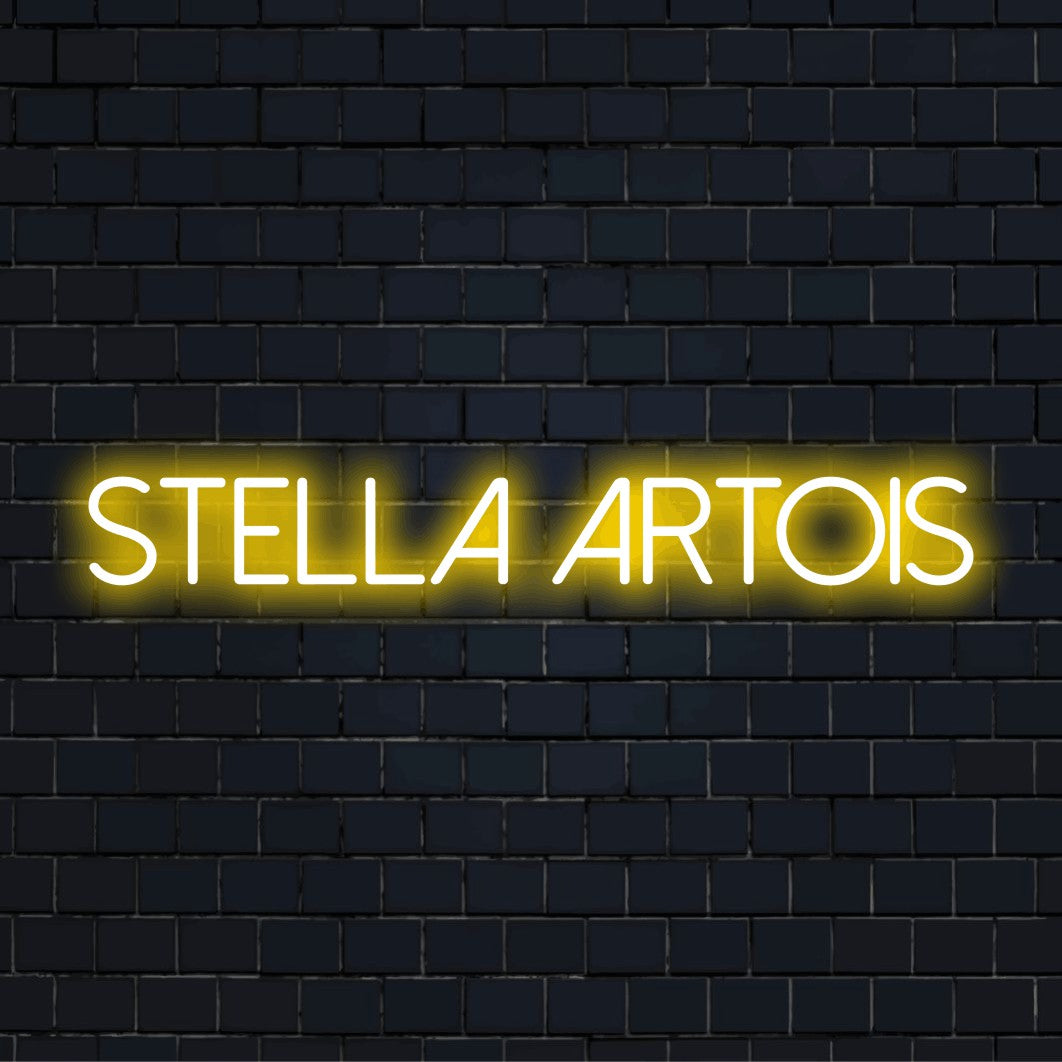 Stella Artois Neon Sign, glowing neon text on dark brick background