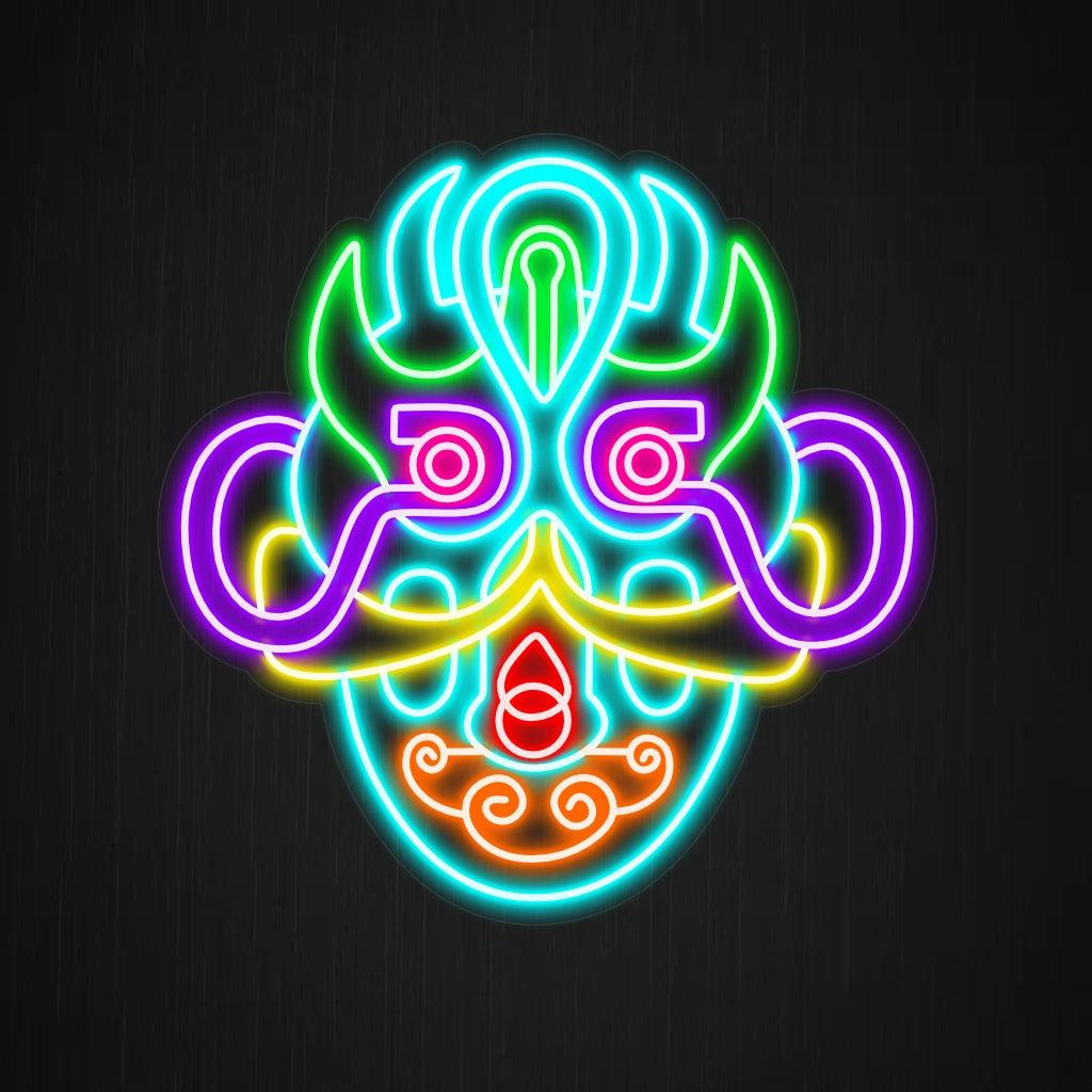 A mesmerizing neon sign featuring a surreal art mask design. The neon lights form intricate patterns and vibrant colors, creating a visually stunning and thought-provoking display.