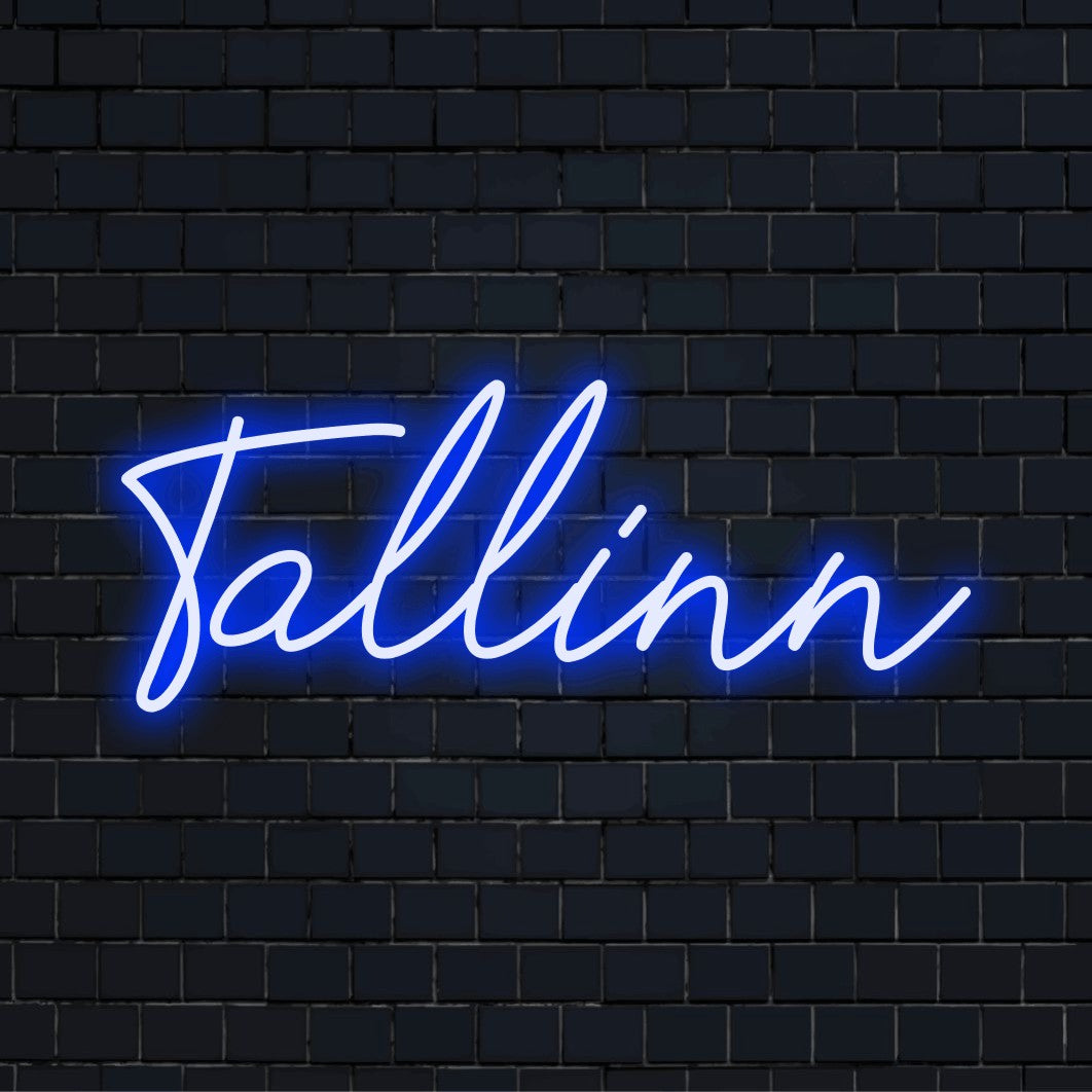 Tallinn Neon Light with neon text light against brick backdrop