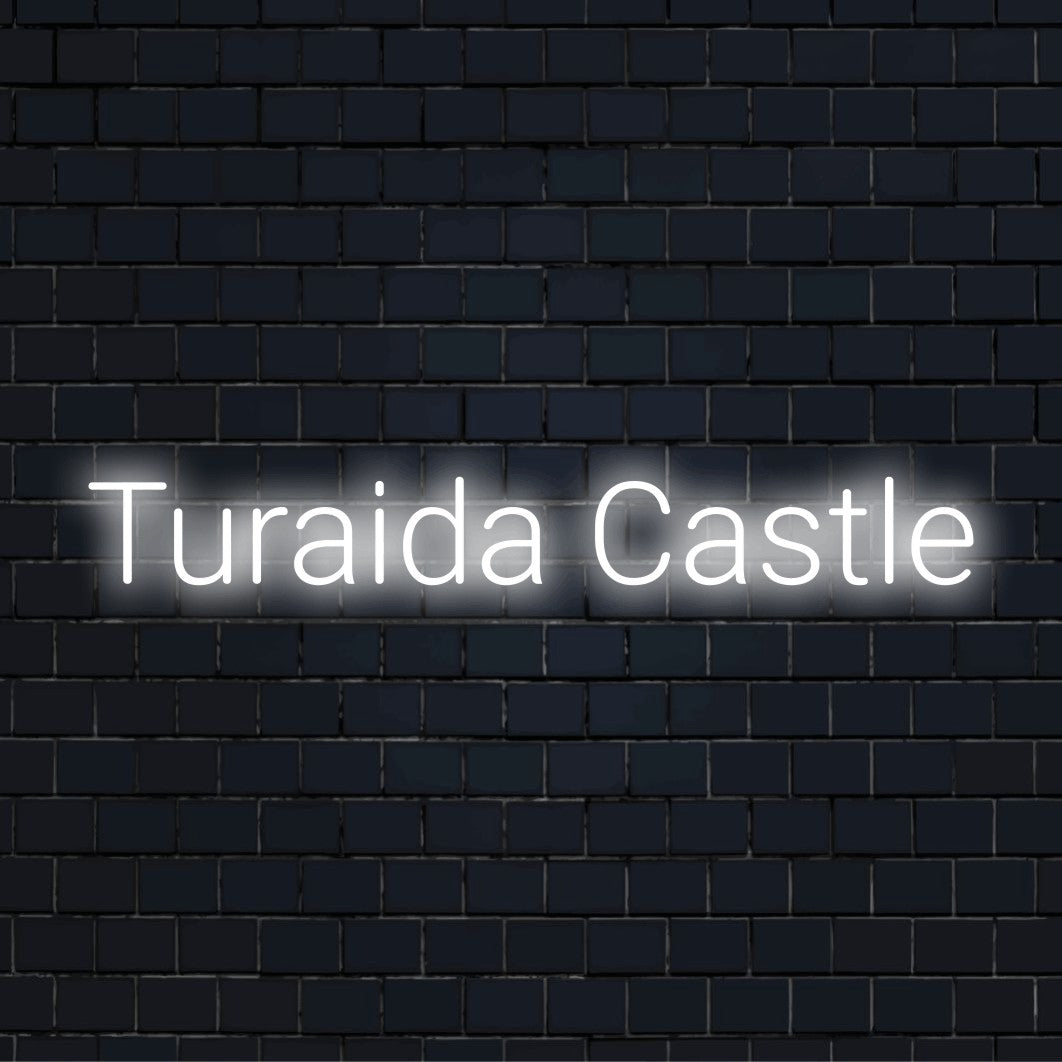 Turaida Castle Neon Sign, glowing neon text against brick backdrop