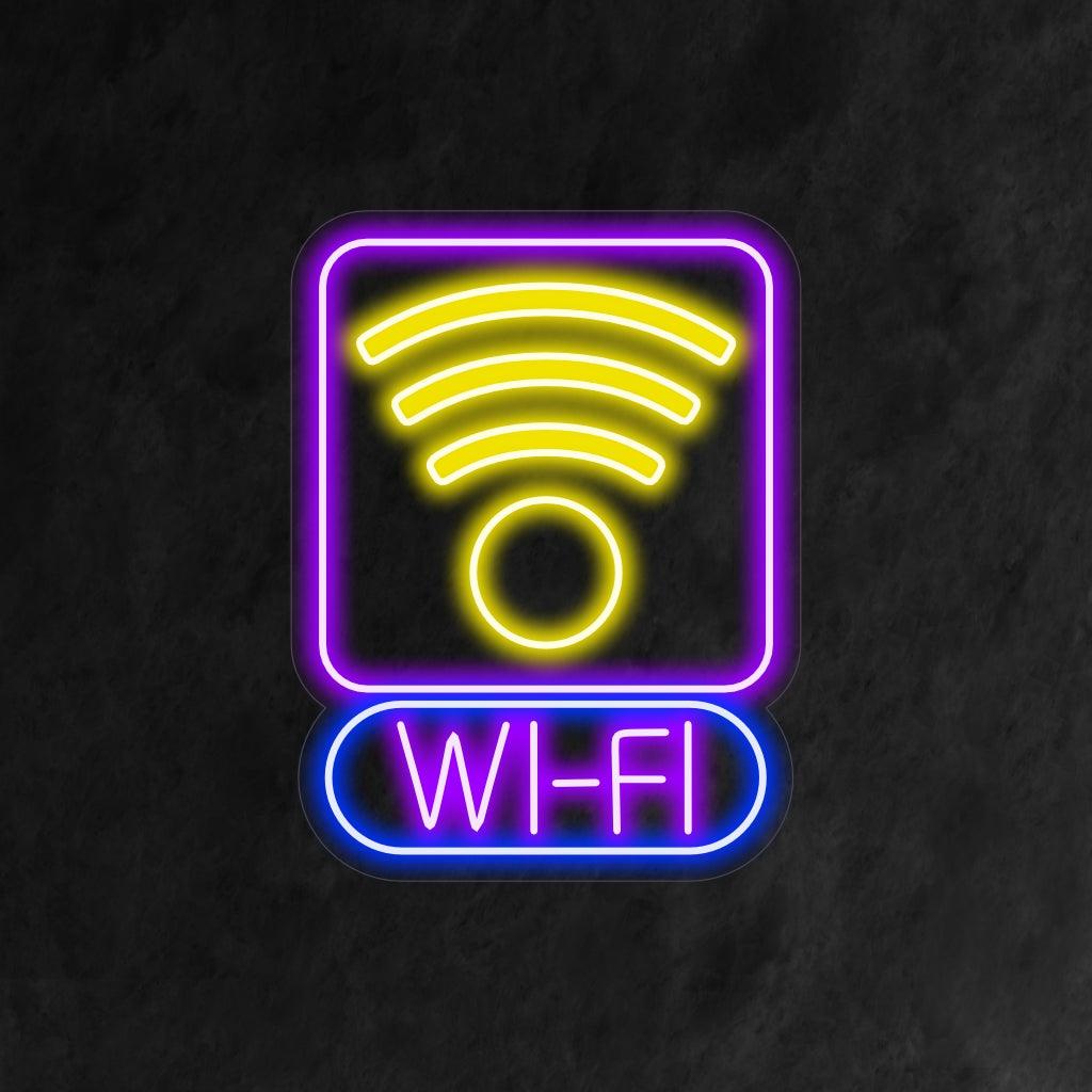 Elegantni neonski znak koji prikazuje ikonski simbol za Wi-Fi, koji predstavlja dostupnost pristupa internetu.