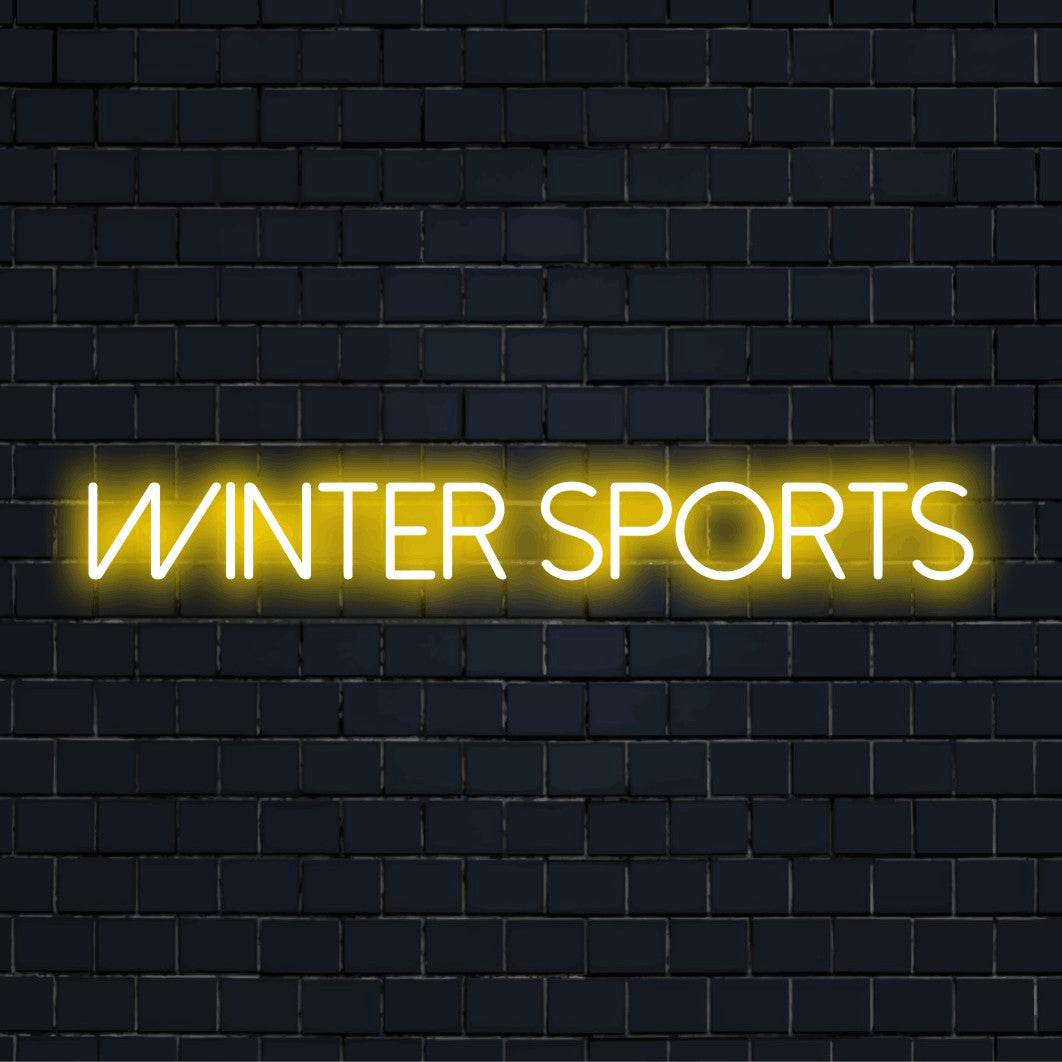Winter Sports LED Neon Sign, neon text light on black brick background
