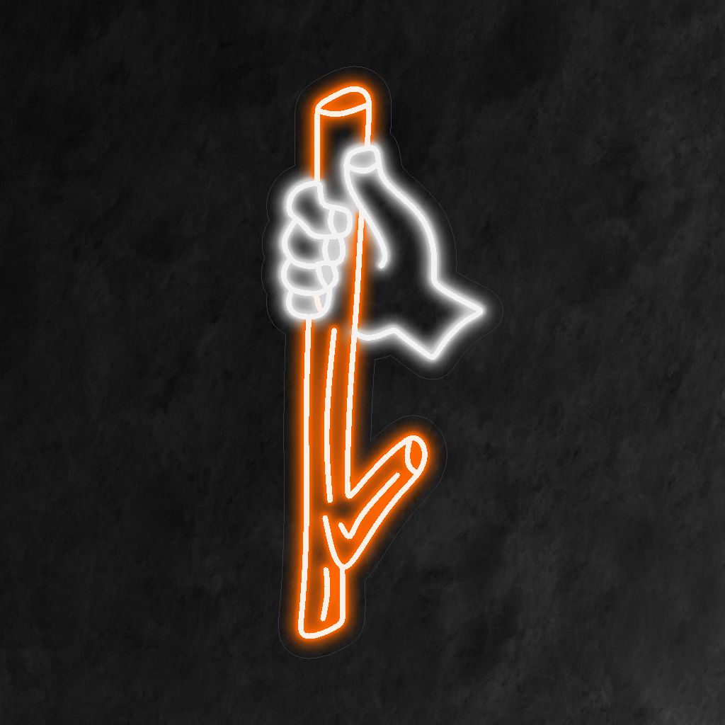 Handmade wood stick in hand neon sign, a rustic and nature-inspired addition to your decor