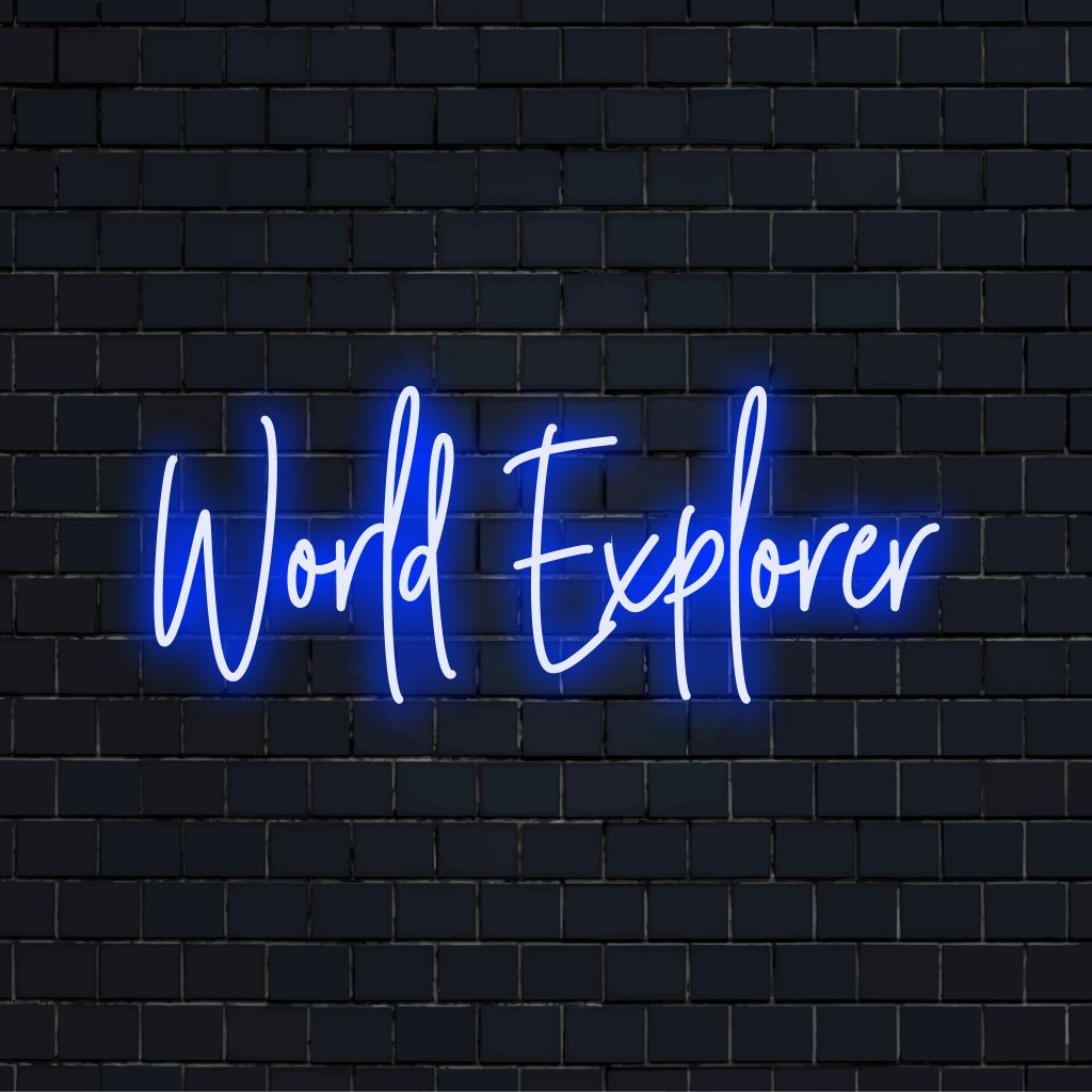 World Explorer Neon Light with bright LED glow on dark brick wall
