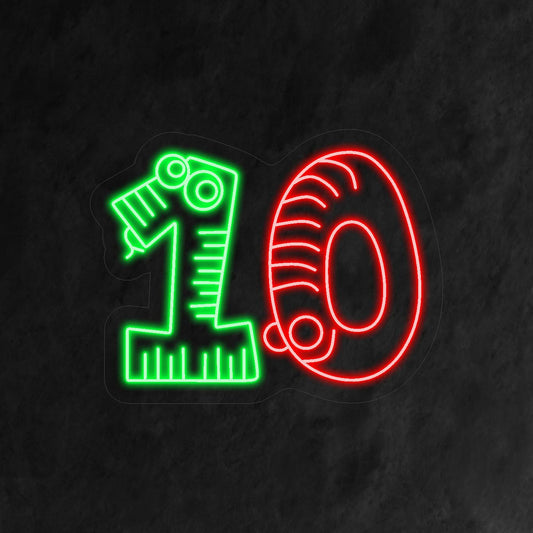 "10th Birthday Neon Sign" features a delightful design with a vibrant number '10,' playfully incorporating elements of celebration. Perfect for creating a festive and memorable atmosphere at a child's 10th birthday party.