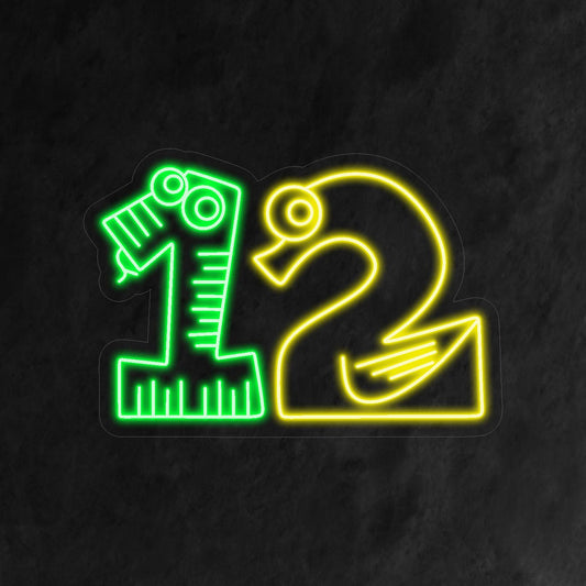 "12th Birthday Neon Sign" features a whimsical number 12, with the '1' resembling a green snake and the '2' resembling a yellow swan. Perfect for a lively and fun kids' party celebration.