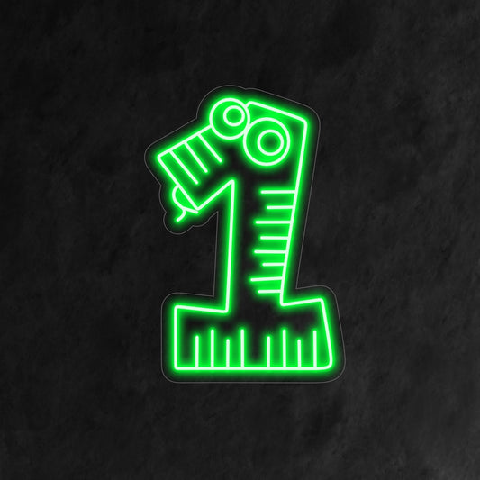 "1st Happy Birthday Neon Sign" features a cheerful number 1, resembling a friendly snake with personality. Perfect for a whimsical and joyful celebration of a child's first birthday.