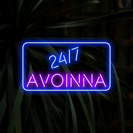 "24 7 Avoinna Neon Open Sign" showcases blue numbers 24 7 within a soft, rounded blue frame, with the word "Avoinna" in purple underneath. A gentle and inviting touch for any business.