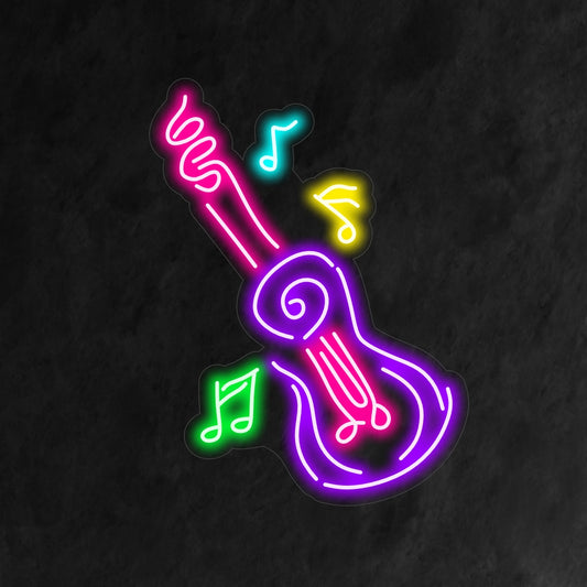 An illuminated neon sign featuring an abstract representation of a guitar, perfect for music enthusiasts and adding a touch of artistic flair to any space