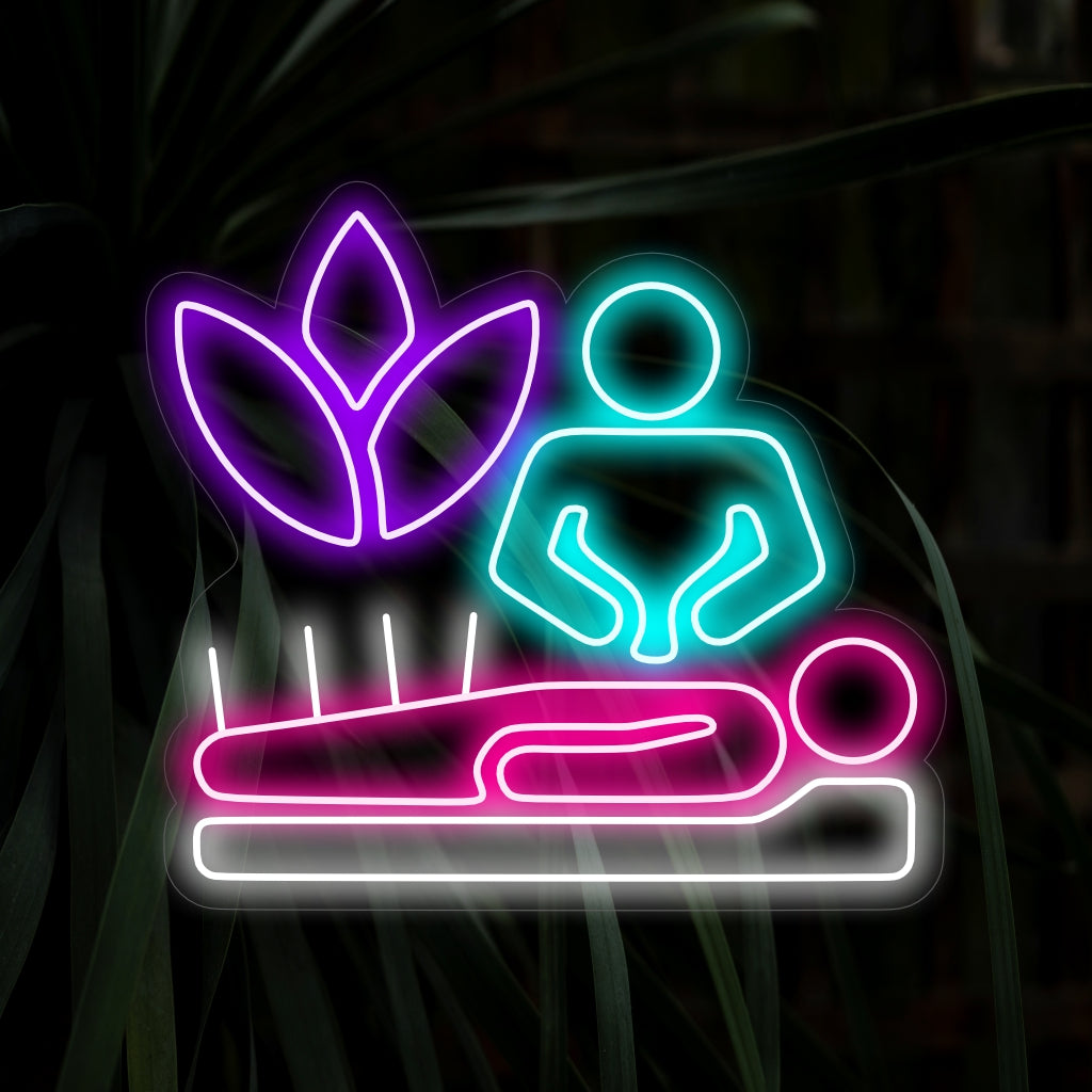 "Insegna al neon con aghi per agopuntura": una vivace luce al neon che mette in mostra gli aghi per agopuntura, creando un'atmosfera moderna e incentrata sulla salute nel tuo spazio abitativo.