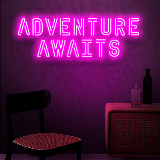 "Adventure Awaits Neon Sign" is a wanderlust-inspired addition to your travel-themed interior. A neon light that encourages a sense of adventure and exploration.